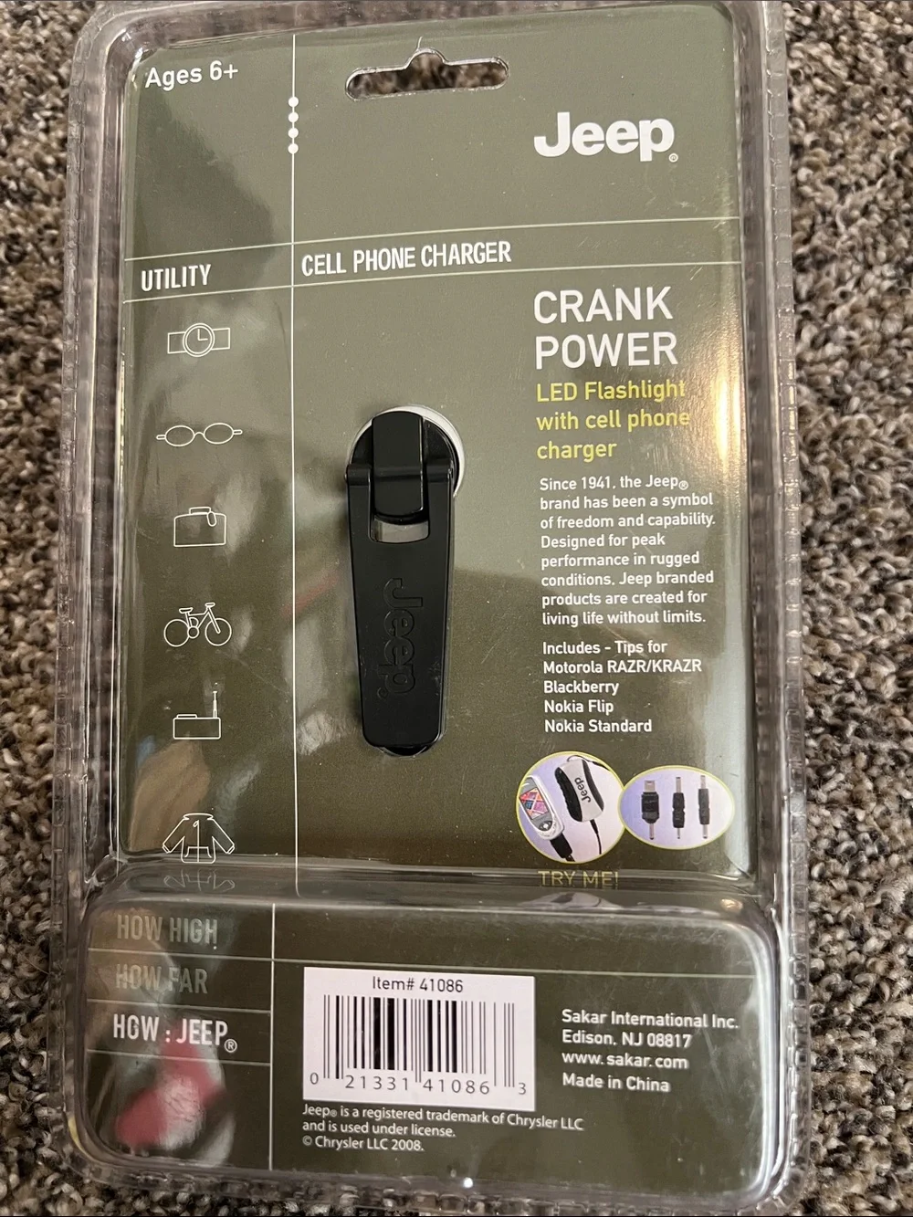 NWT Jeep Crank-Power LED Flashlight & Phone Charger - Silver and Black